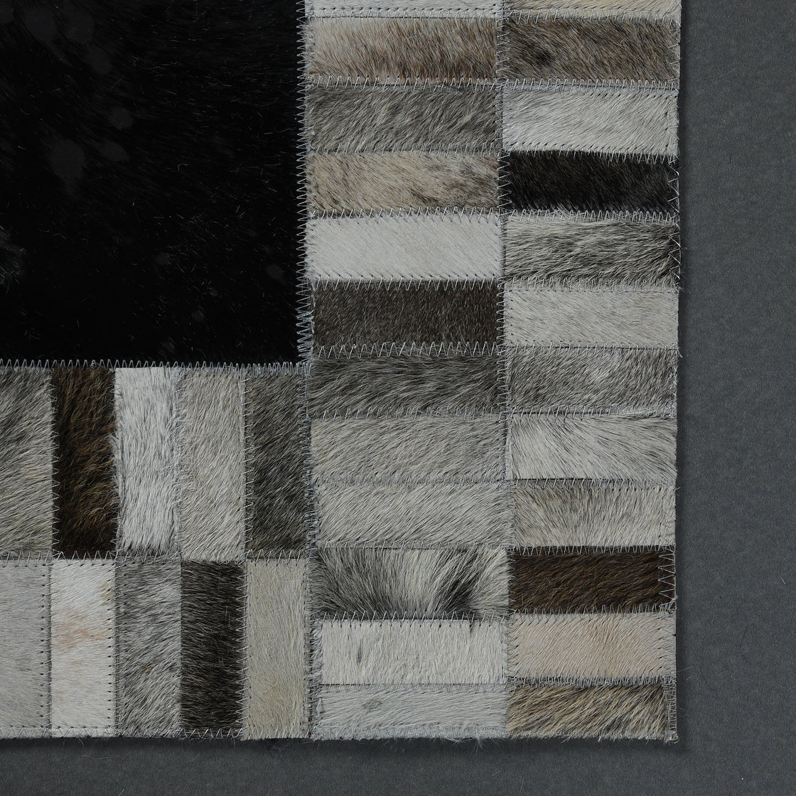 Rahman Area Rugs Cowhide Leather Area Rug, Geometric Block Patchwork Leather Carpet, Luxurious Square Design Living Room Rug, Non Slip Floor Accent for Bedroom, Hallway (Black and Grey, 5x8 ft)