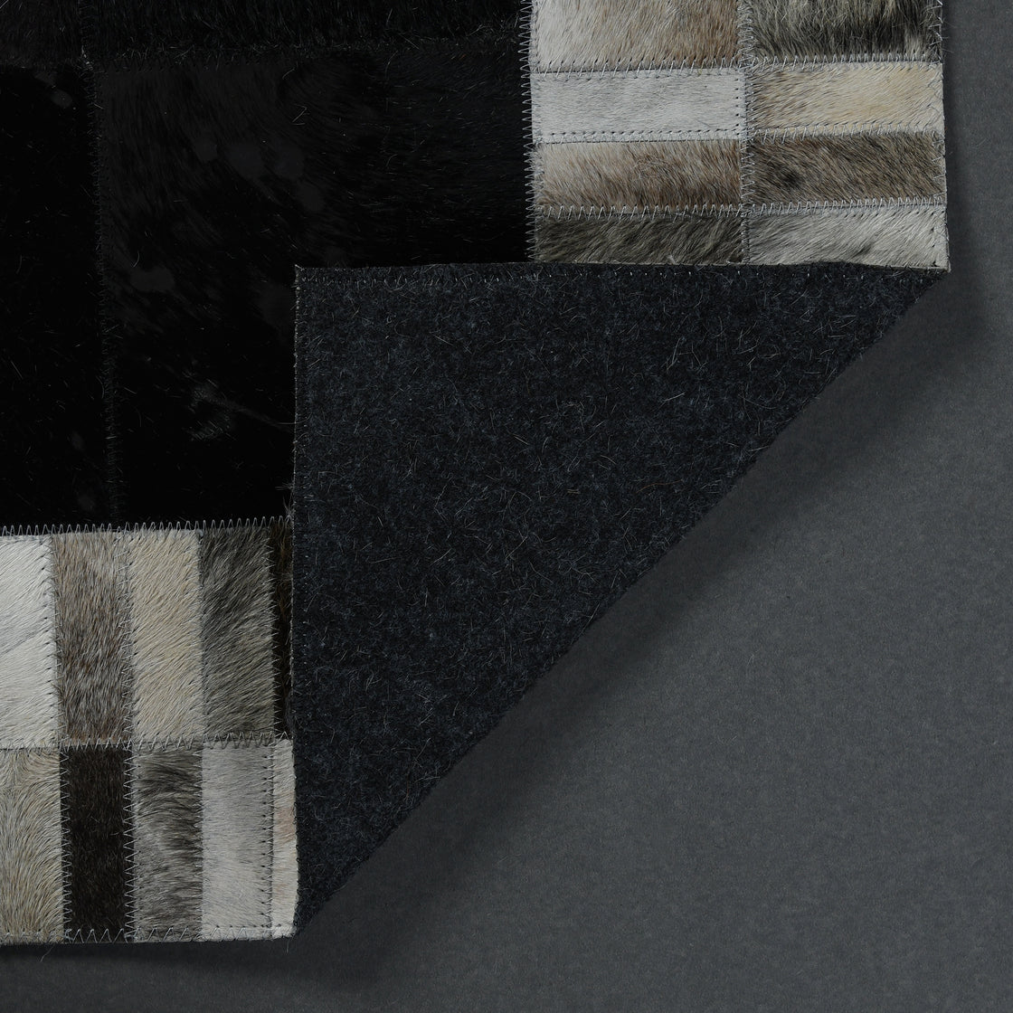 Rahman Area Rugs Cowhide Leather Area Rug, Geometric Block Patchwork Leather Carpet, Luxurious Square Design Living Room Rug, Non Slip Floor Accent for Bedroom, Hallway (Black and Grey, 5x8 ft)