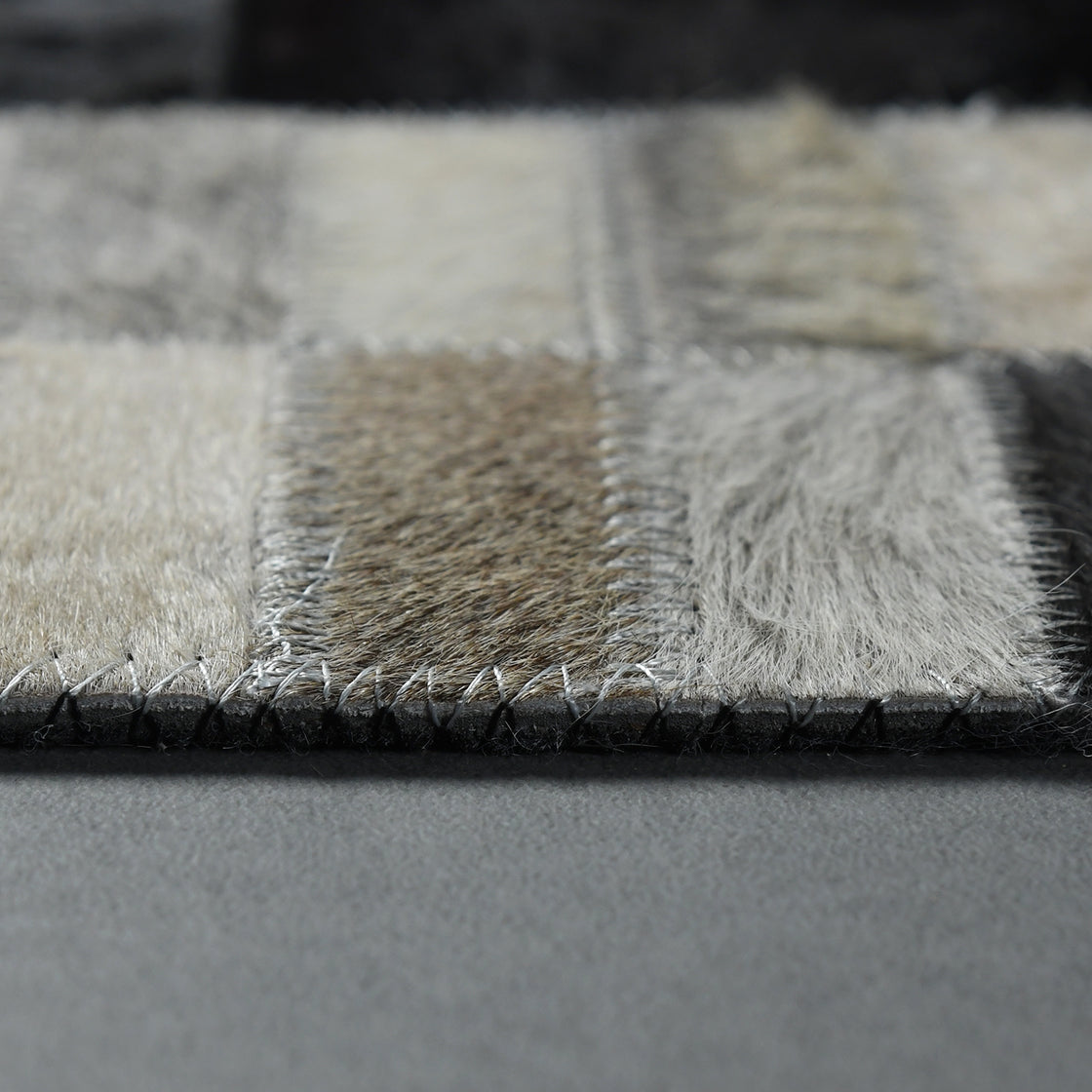 Rahman Area Rugs Cowhide Leather Area Rug, Geometric Block Patchwork Leather Carpet, Luxurious Square Design Living Room Rug, Non Slip Floor Accent for Bedroom, Hallway (Black and Grey, 5x8 ft)