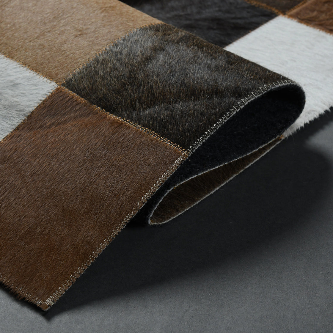 Rahman Area Rugs Cowhide Leather Area Rug, Geometric Block Patchwork Leather Carpet, Luxurious Square Design Living Room Rug, Non Slip Floor Accent for Bedroom, Hallway (Brown Tone, 6x9 ft)
