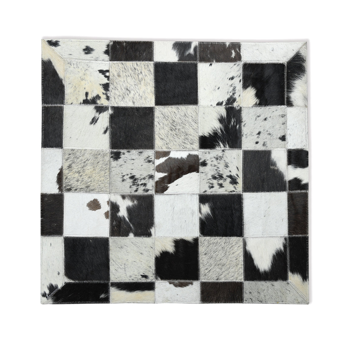 Rahman Area Rugs Cowhide Leather Area Rug, Geometric Block Patchwork Leather Carpet, Luxurious Square Design Living Room Rug, Non Slip Floor Accent for Bedroom, Hallway (Black and White, 6x9 ft)