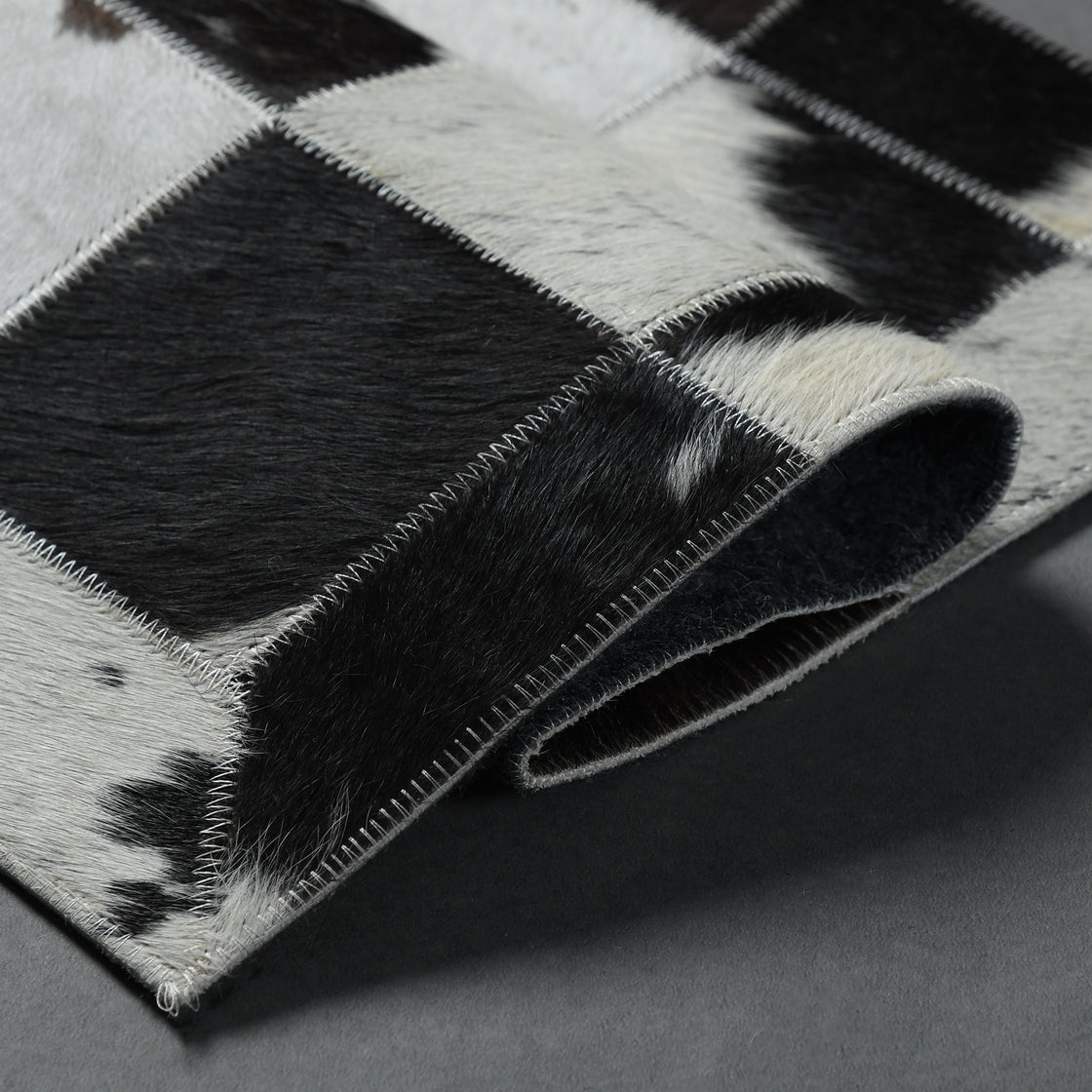 Rahman Area Rugs Cowhide Leather Area Rug, Geometric Block Patchwork Leather Carpet, Luxurious Square Design Living Room Rug, Non Slip Floor Accent for Bedroom, Hallway (Black and White, 6x9 ft)