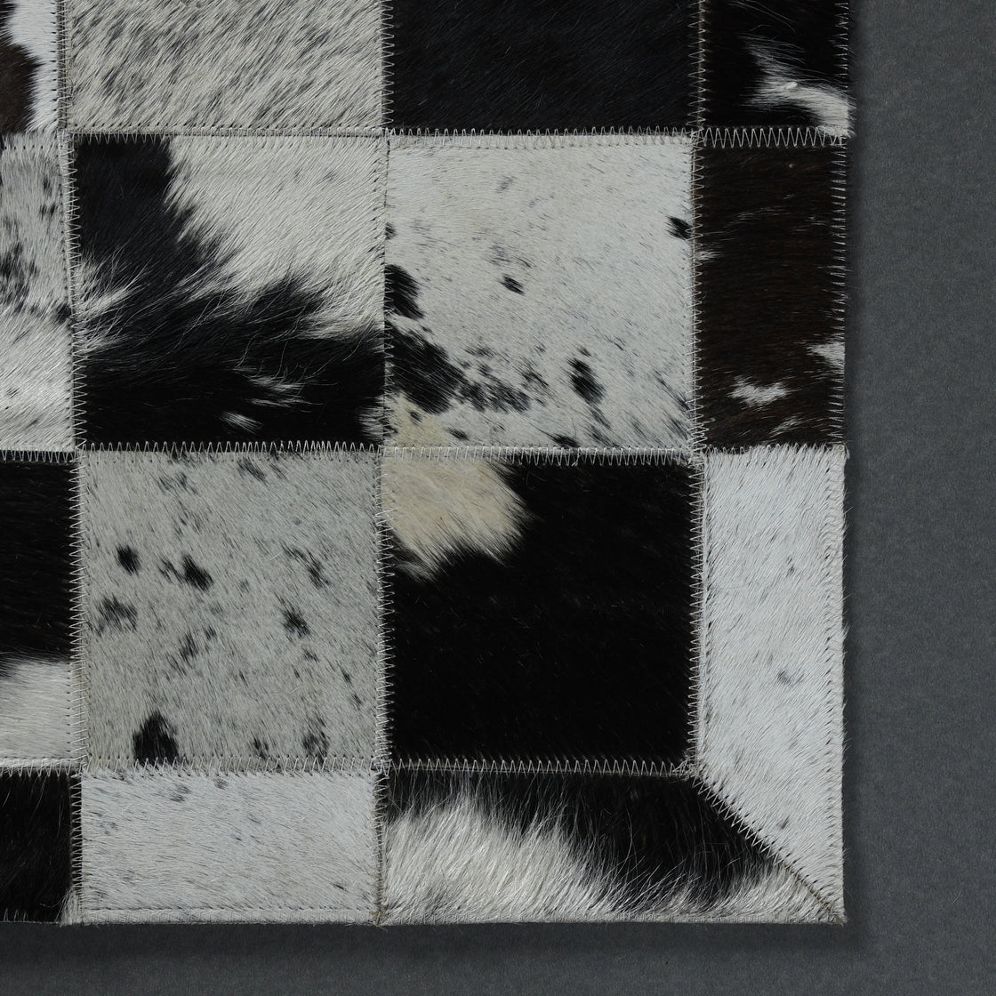 Rahman Area Rugs Cowhide Leather Area Rug, Geometric Block Patchwork Leather Carpet, Luxurious Square Design Living Room Rug, Non Slip Floor Accent for Bedroom, Hallway (Black and White, 6x9 ft)