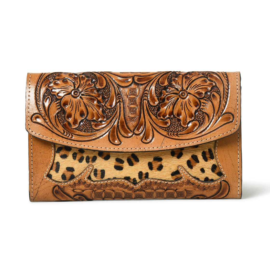 Hand Tooled Carving Wallet Clutch Phone Case Stylish Genuine Leather Leopard Fur Wallet Multi Uses Western Leather Wallets