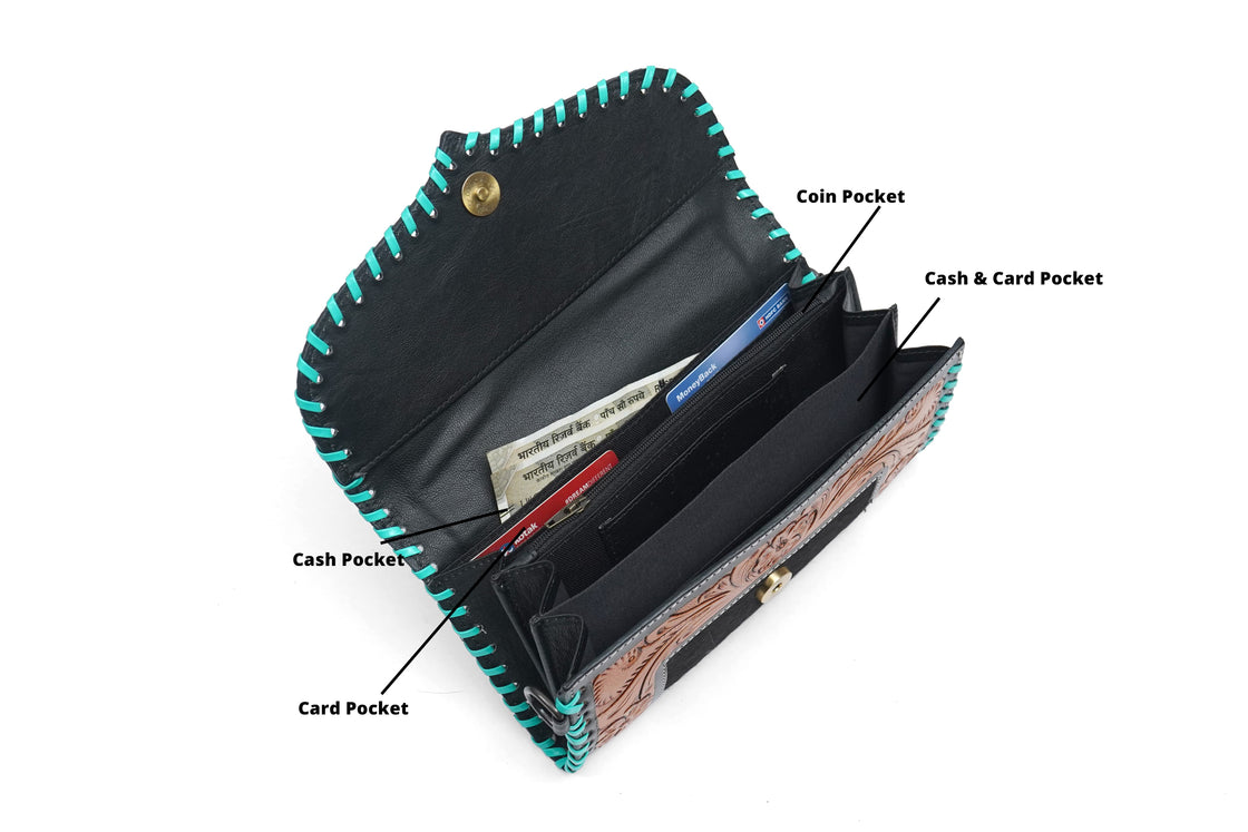 Hand Tooled Carving Wallet Clutch Phone Case Stylish Multi Uses Cowhide Fur Leather Wallets Turquoise Color Wallet for Women