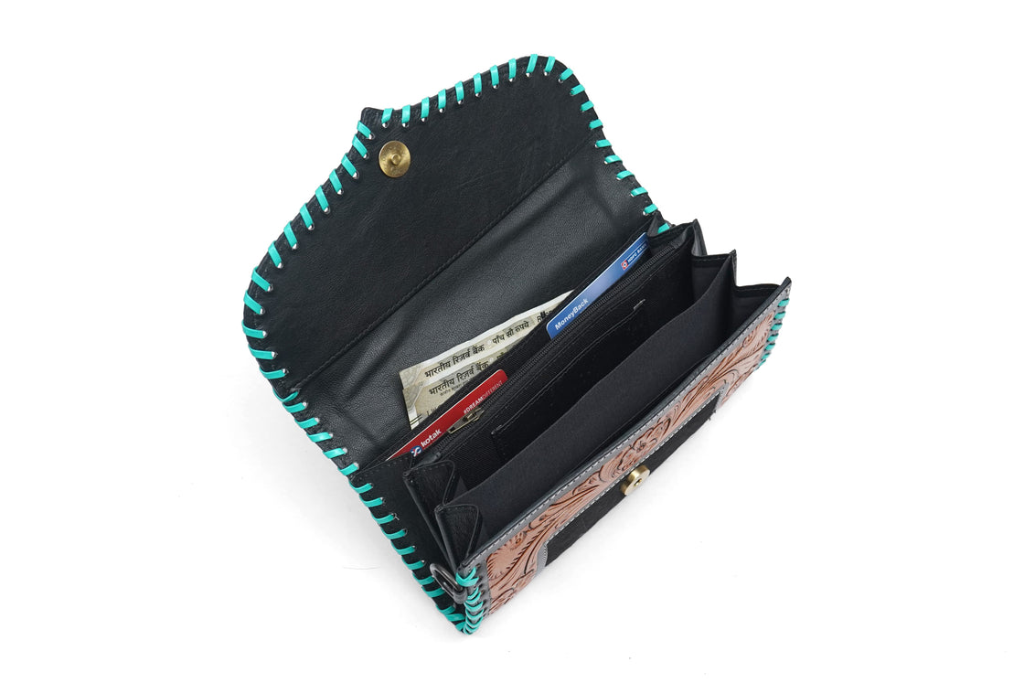 Hand Tooled Carving Wallet Clutch Phone Case Stylish Multi Uses Cowhide Fur Leather Wallets Turquoise Color Wallet for Women