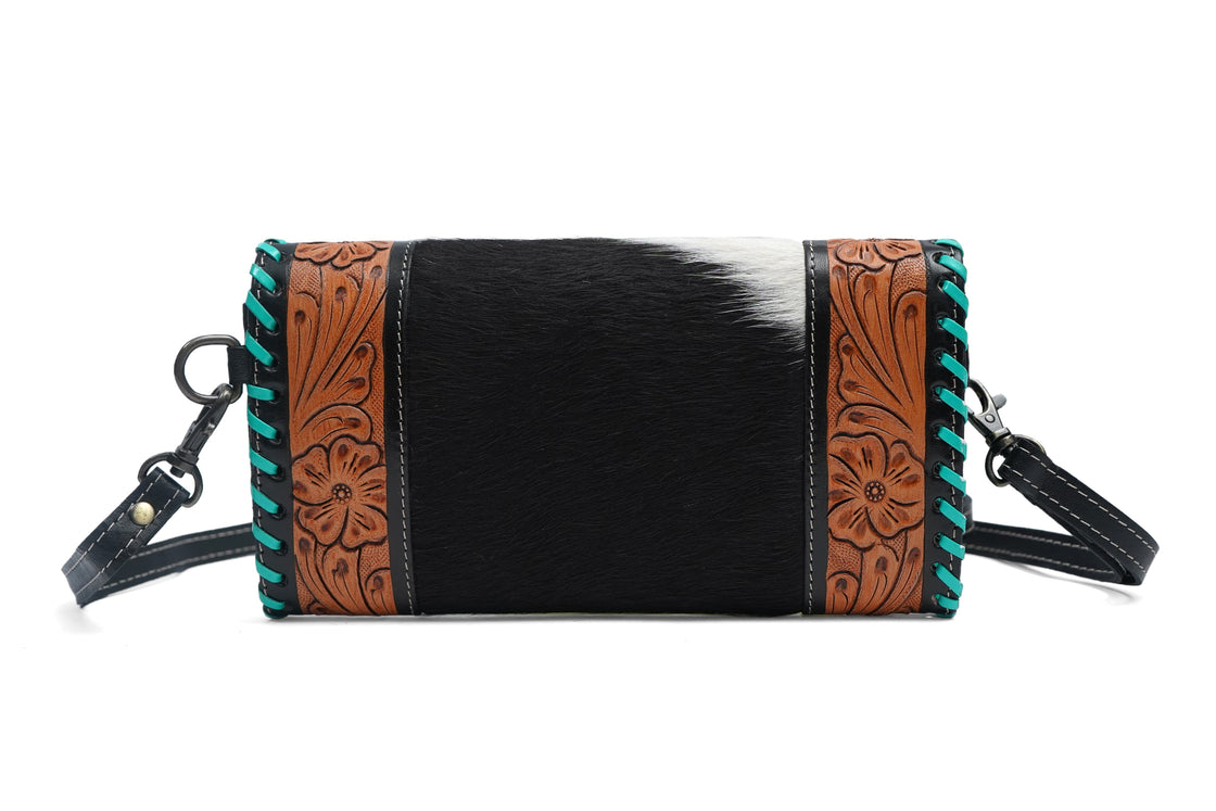 Hand Tooled Carving Wallet Clutch Phone Case Stylish Multi Uses Cowhide Fur Leather Wallets Turquoise Color Wallet for Women