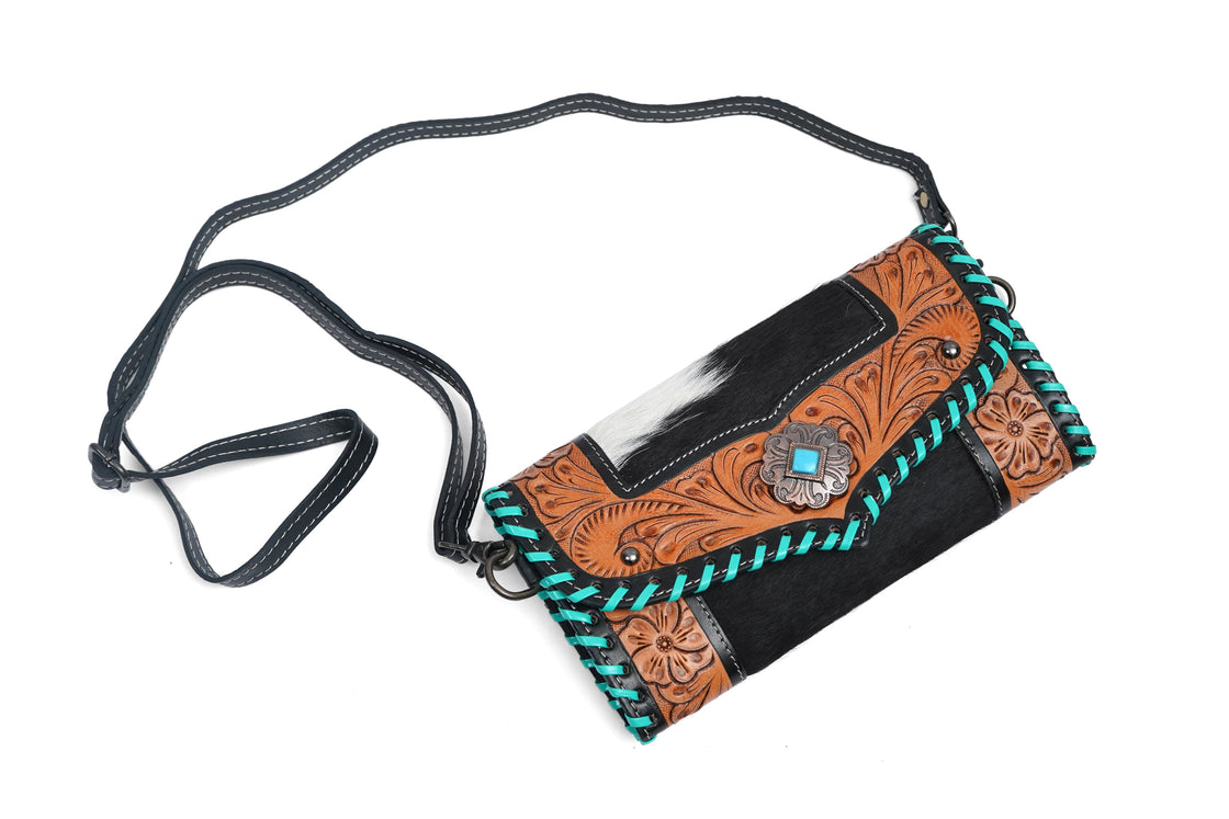 Hand Tooled Carving Wallet Clutch Phone Case Stylish Multi Uses Cowhide Fur Leather Wallets Turquoise Color Wallet for Women