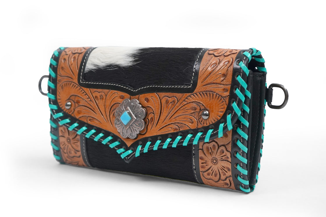 Hand Tooled Carving Wallet Clutch Phone Case Stylish Multi Uses Cowhide Fur Leather Wallets Turquoise Color Wallet for Women